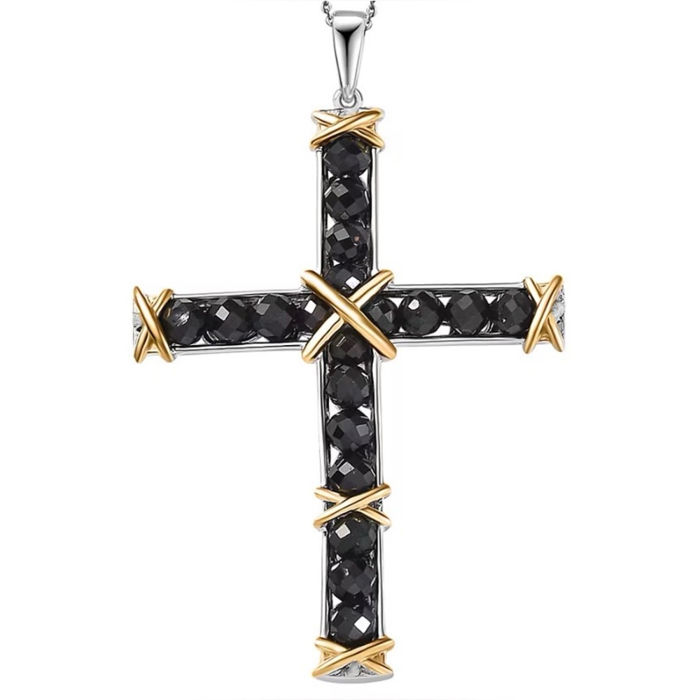 Thai Black Spinel 11.40 ctw Cross Pendant with 24” Sterling Silver Chain
